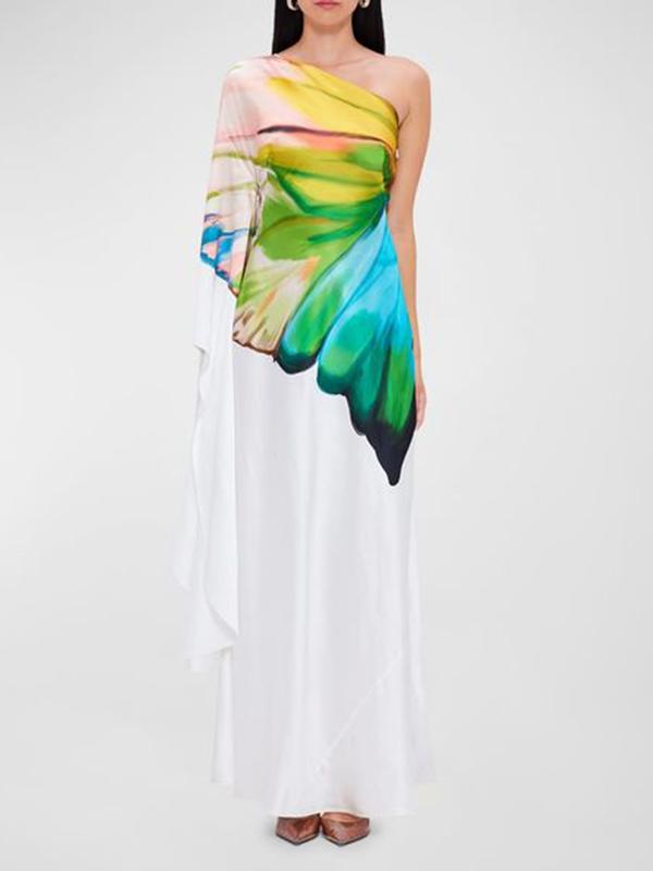 Long Sleeves Loose Asymmetric Flower Print One-Shoulder Maxi Dresses Product Image