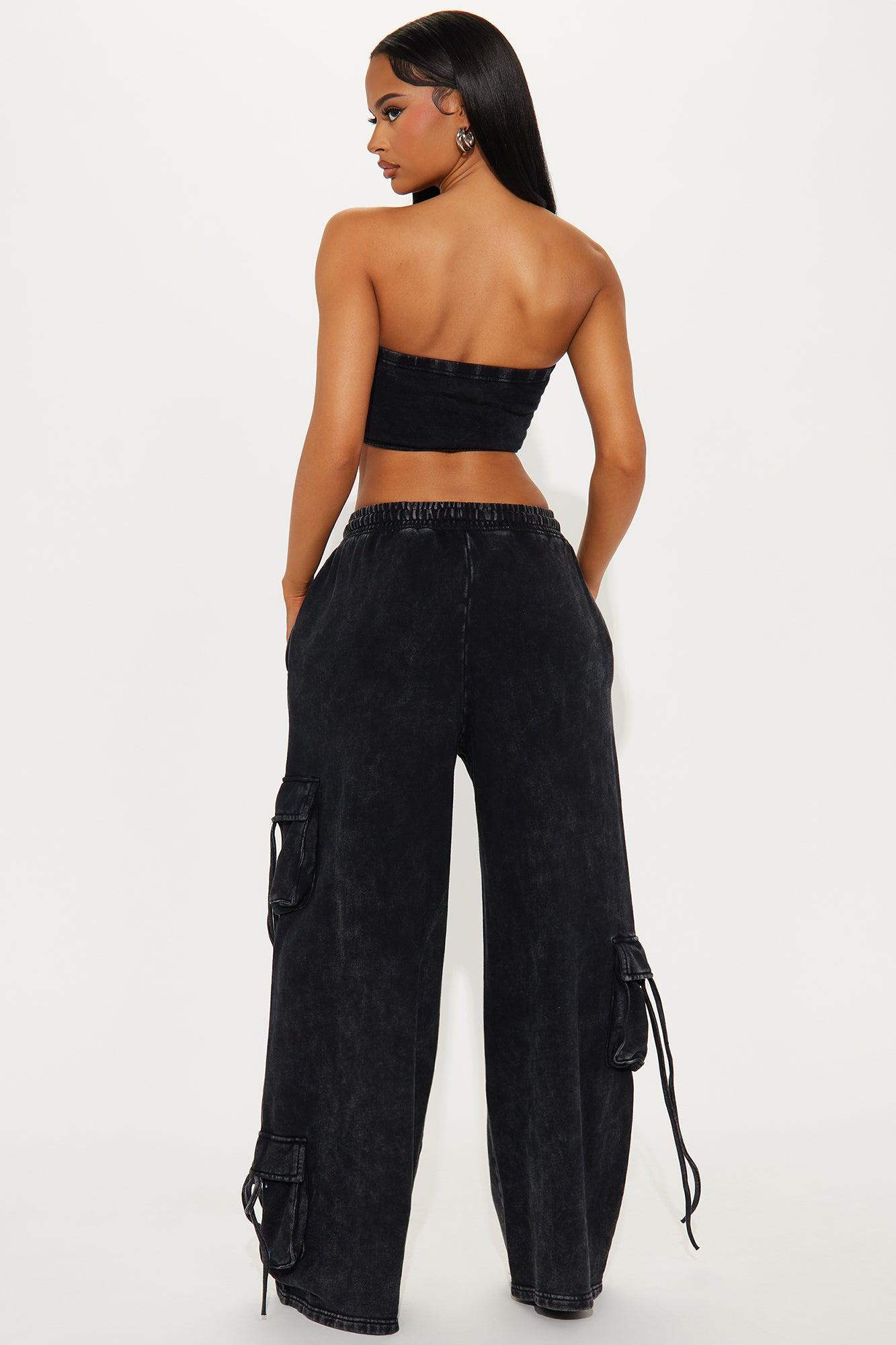 Gia Fleece Cargo Pant Set - Black Product Image