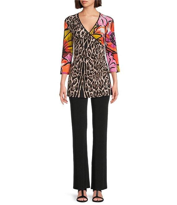 Eva Varro Knit Animal Tropical Print V-Neck 3/4 Sleeve Fold Over Tunic Product Image