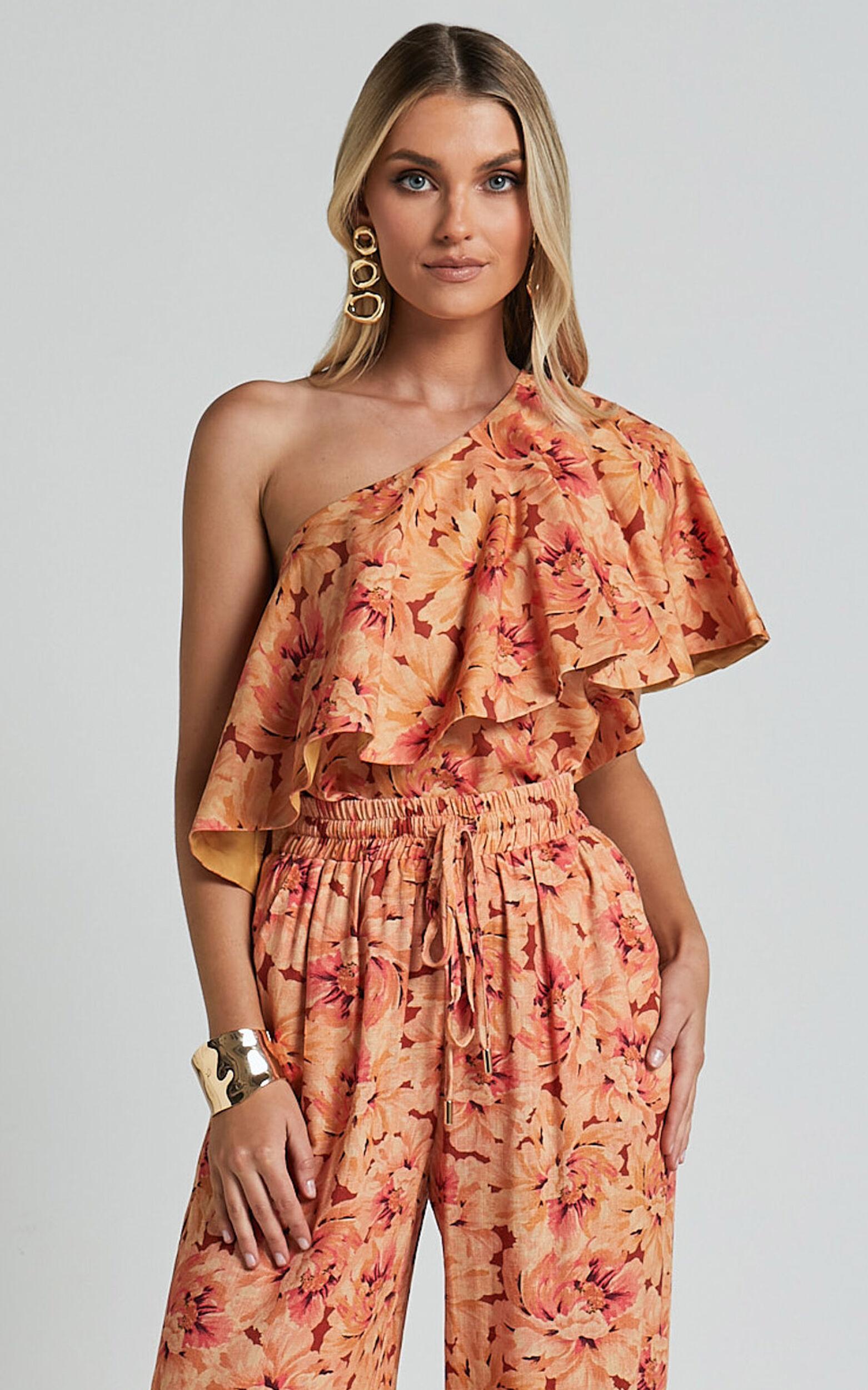 Amalie The Label - Aiko Linen Look Blend One Shoulder Frill Top in Valencia Print Product Image