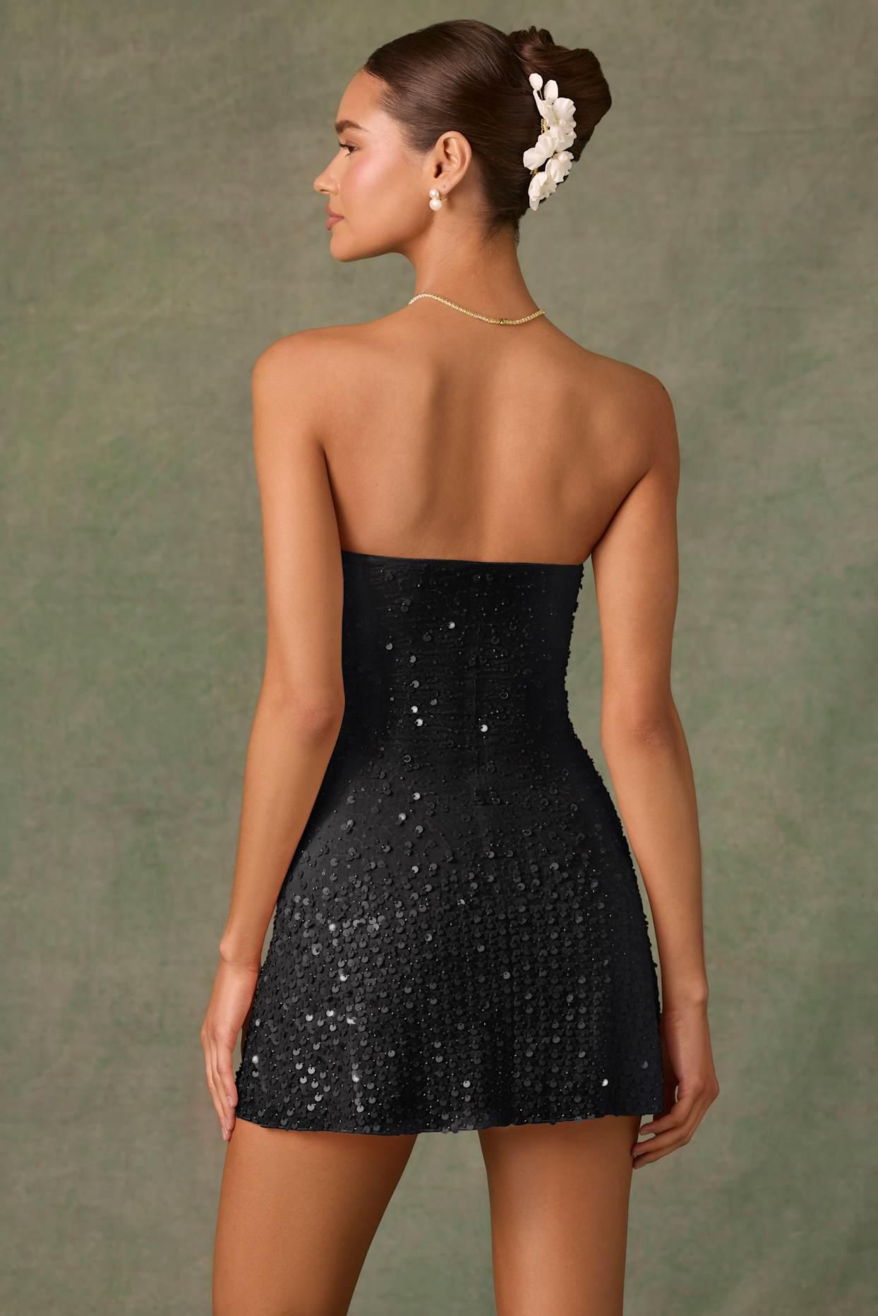 Embellished Sweetheart-Neck A-Line Mini Dress in Black Product Image