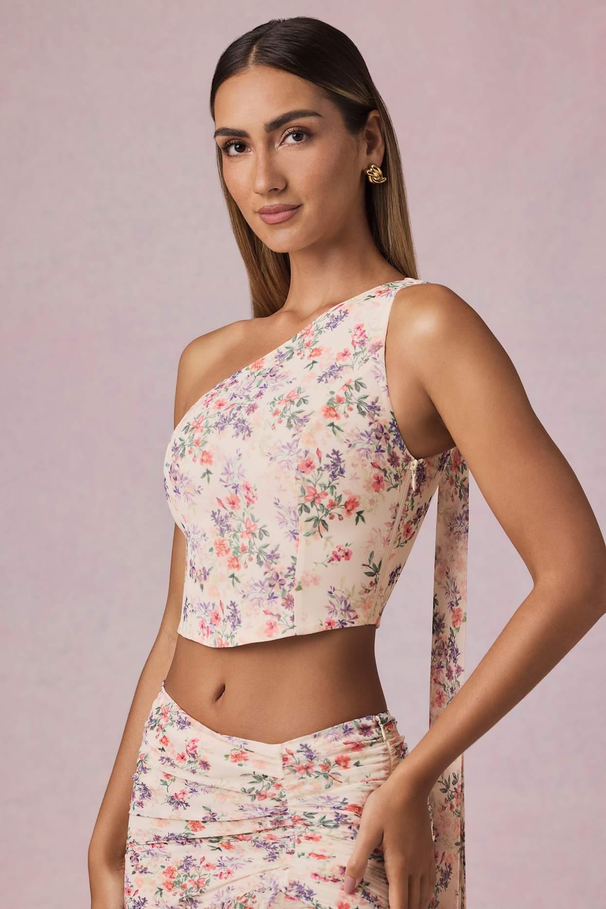 Scarf-Detail One-Shoulder Top in Primrose Floral Print Product Image