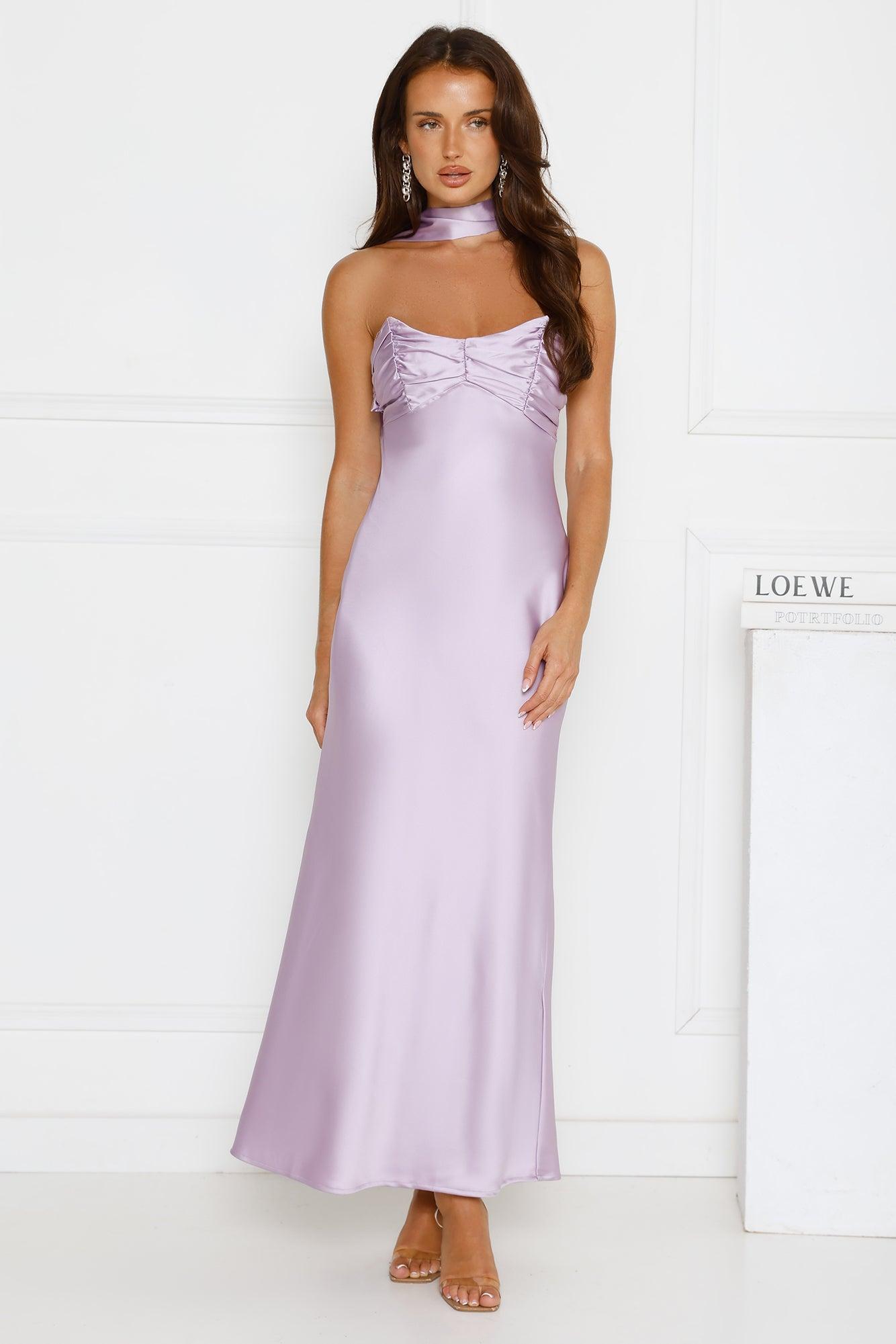 Be Noticed Strapless Satin Maxi Dress Lilac Product Image