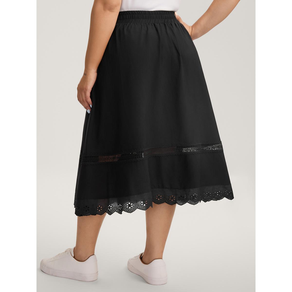 Plus Size Shirred Lace Trim Pleated Midi Skirt Women Pureblack Loose No stretch Side seam pocket Office Skirts BloomChic 18-20/2X Product Image