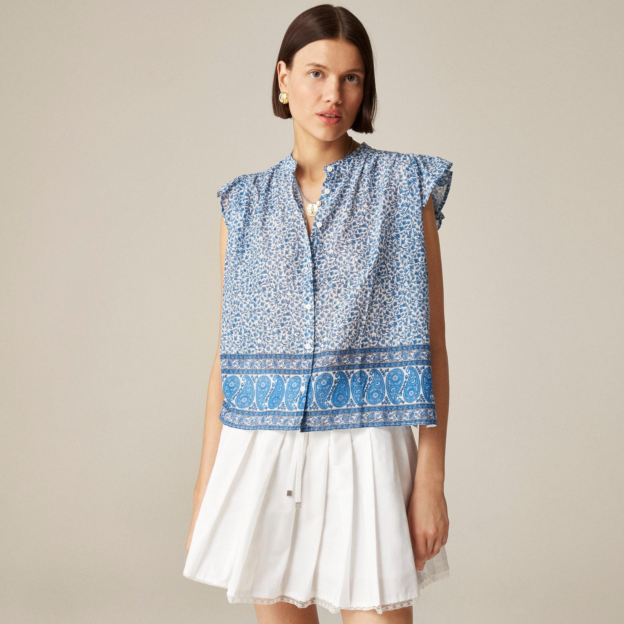 Flutter-sleeve button-up shirt in block-print cotton voile Product Image