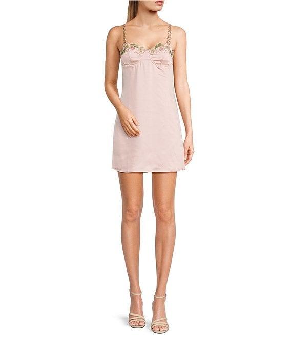 Midnight Doll Spaghetti Strap Embroidery Neckline Detail Satin Dress Product Image