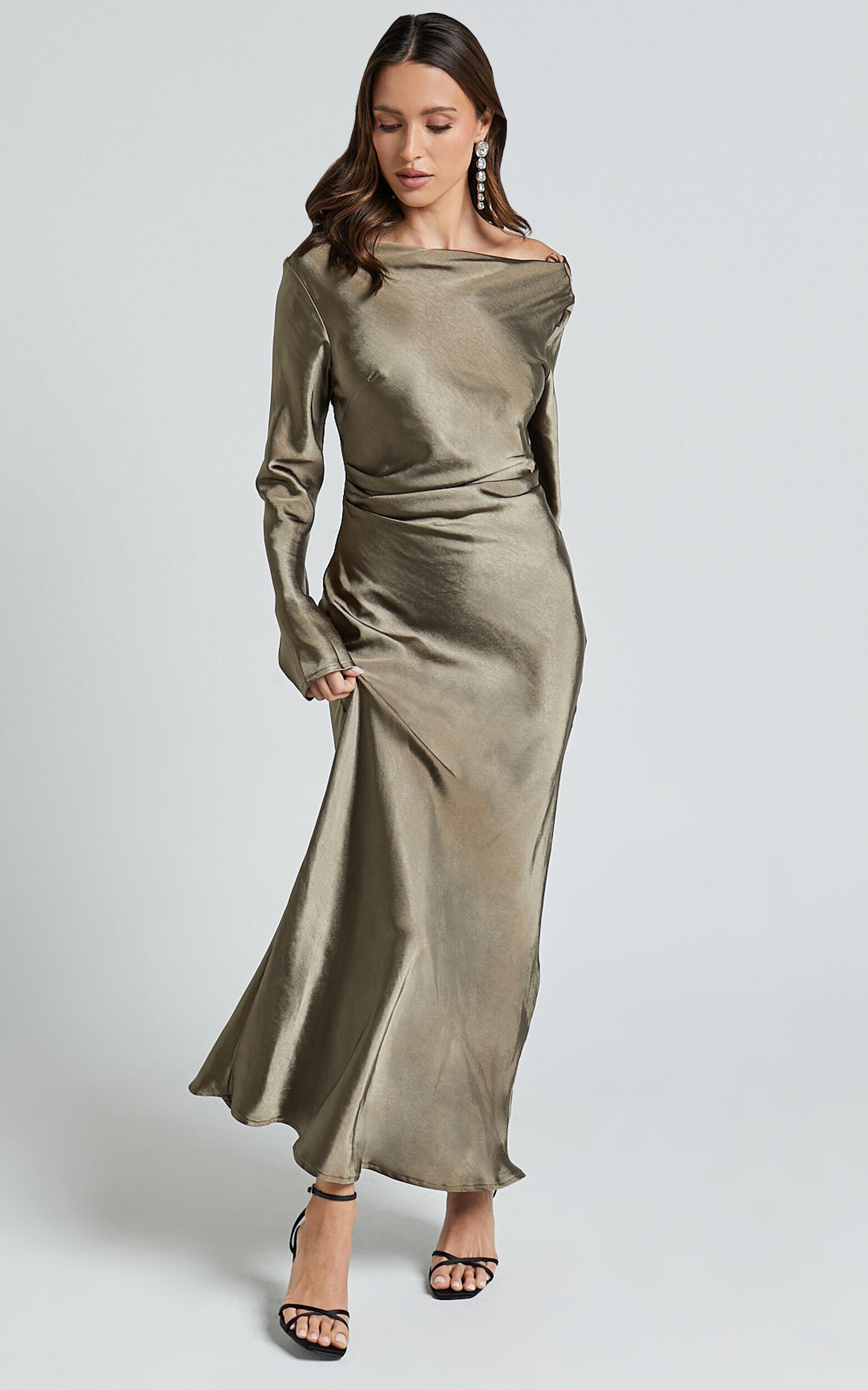 Arriana Midi Dress - Long Sleeve Cowl Back Satin Dress in Dark Olive Product Image
