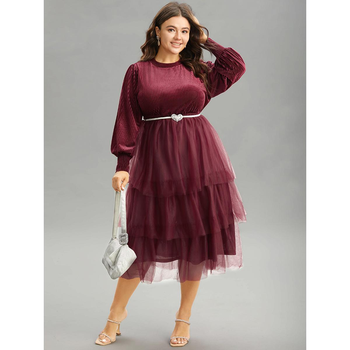 Plus Size Velvet Patchwork Mesh Layered Hem Dress Burgundy Women Glamour Velvet Round Neck Long Sleeve Curvy Midi Dress BloomChic 26/4X Product Image