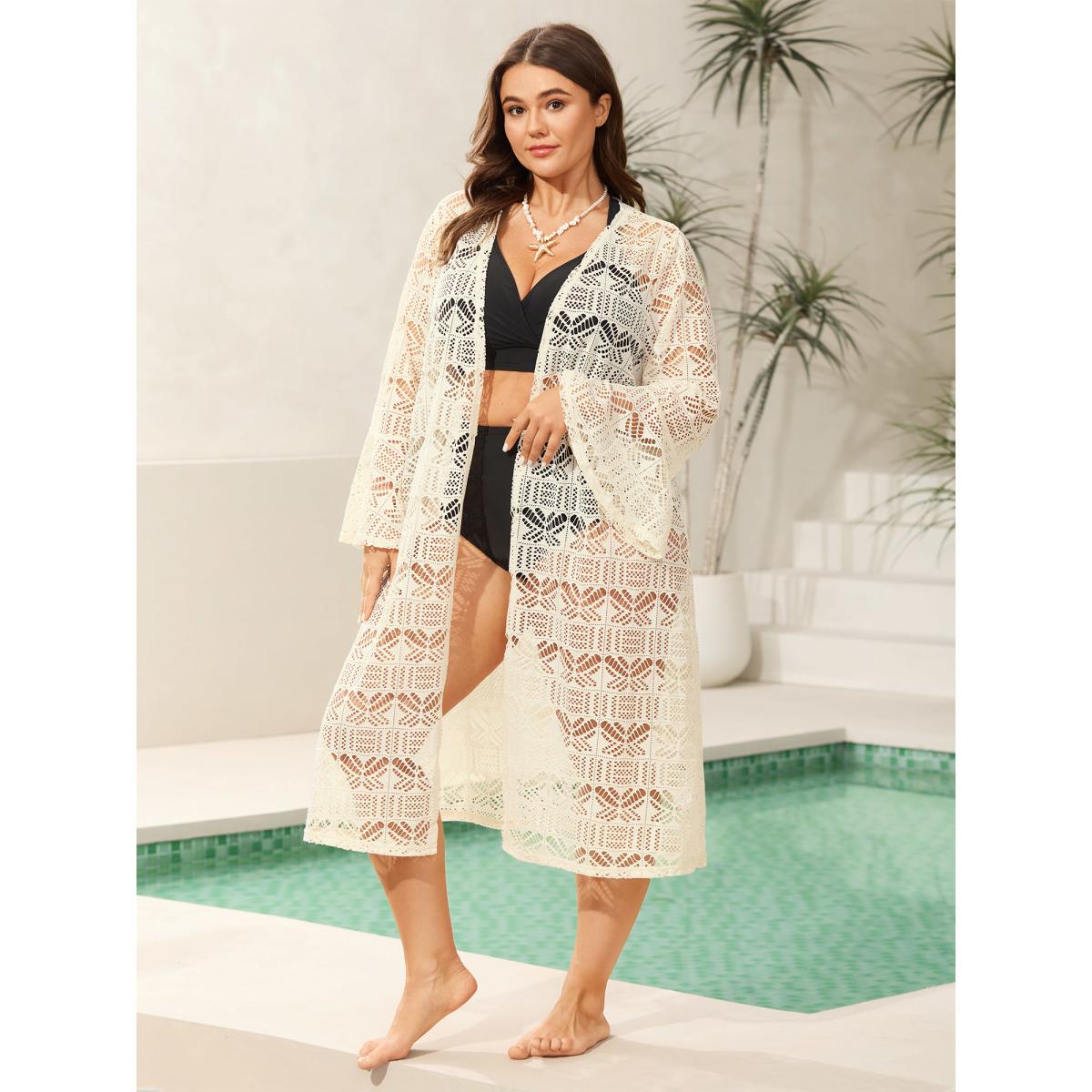 Plus Size Textured Cut-Out Ruffled Kimono Women Beige Resort See through Loose Vacation Kimonos BloomChic 14-16/1X Product Image