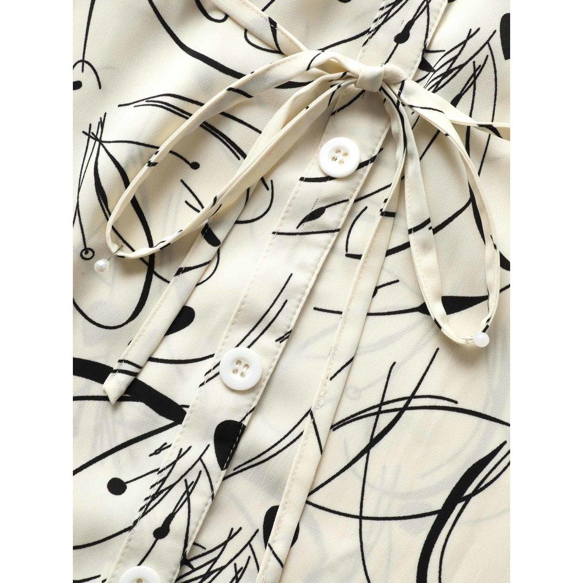 Plus Size Ivory Geometric Print Drawstring Cuffed Sleeve Blouse Women Work From Home Short sleeve V-neck Work Blouses BloomChic 12/L Product Image