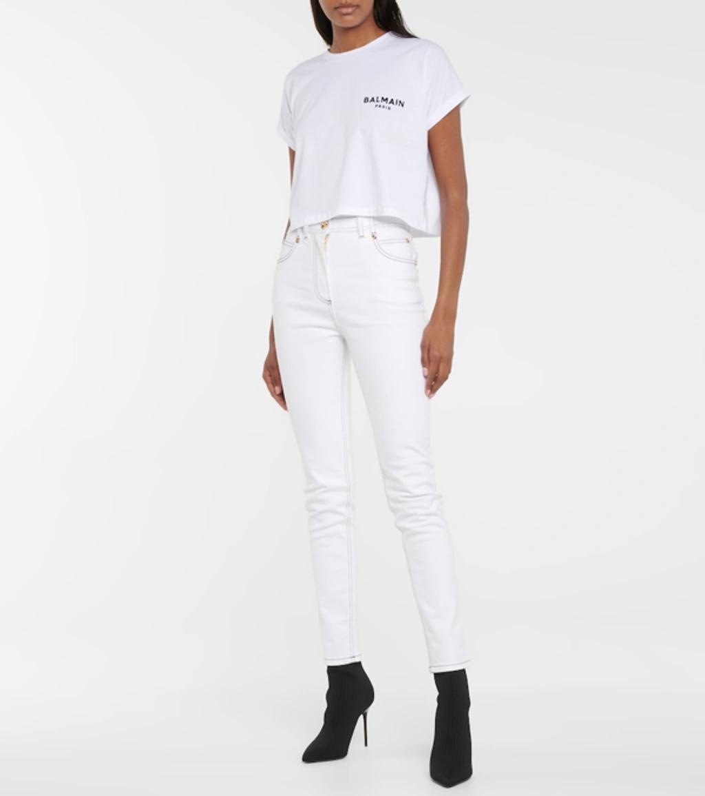 BALMAIN Cropped Flocked Cotton-jersey T-shirt In White Silver Product Image