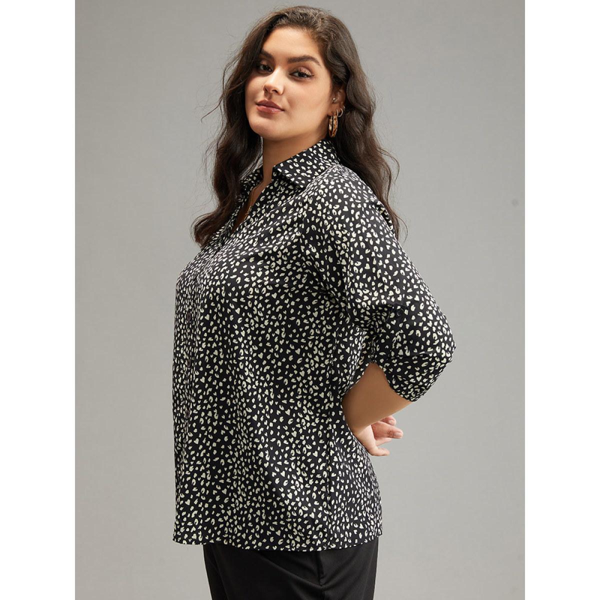 Plus Size Black Leopard Print Shirt Collar Button Through Blouse Women Office Elbow-length sleeve Shirt collar Work Blouses BloomChic 10/M Product Image