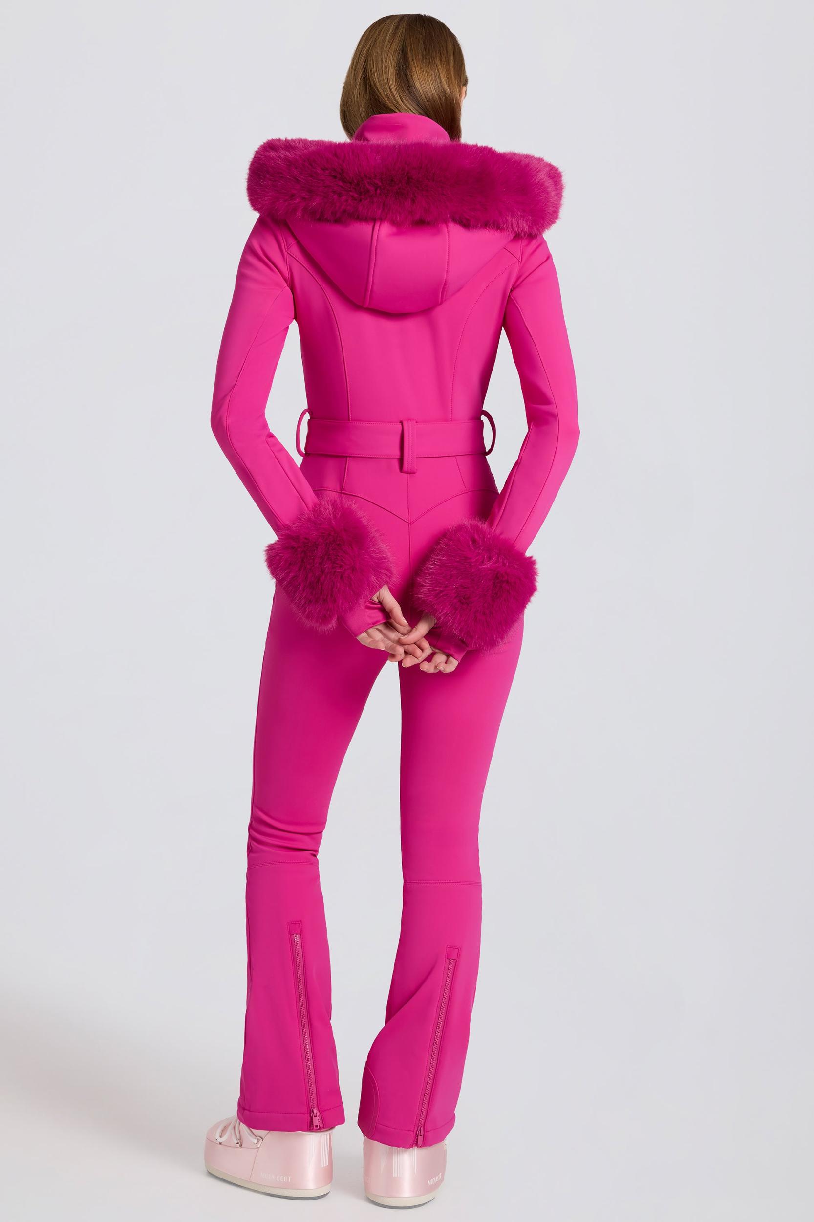 Waterproof Faux-Fur Hood Fitted Ski Suit in Magenta Pink Product Image