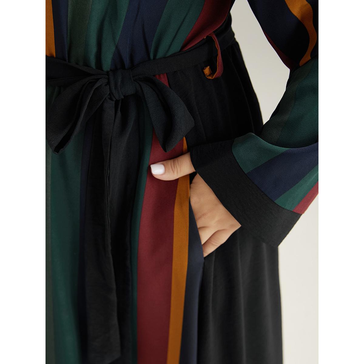 Plus Size Striped Pocket Patchwork Belted Elastic Waist Dress Black Women Office Belted Round Neck Long Sleeve Curvy Midi Dress BloomChic 14-16/1X Product Image