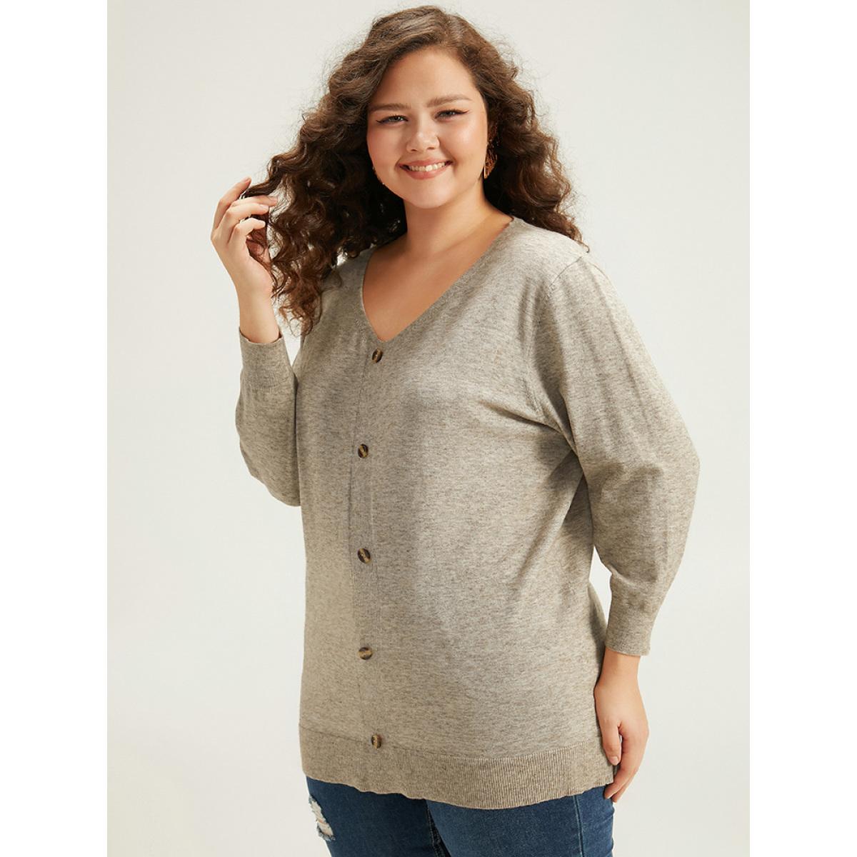 Plus Size Supersoft Essentials Button Detail Solid V Neck Cardigan Champagne Women Casual Elbow-length sleeve Dailywear Cardigans BloomChic 10/M Product Image