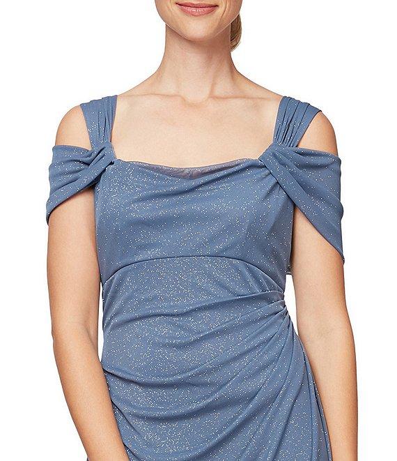 Alex Evenings Glitter Mesh Cowl Neck Cold Shoulder Cap Sleeve Side Slit Ruched Gown Product Image