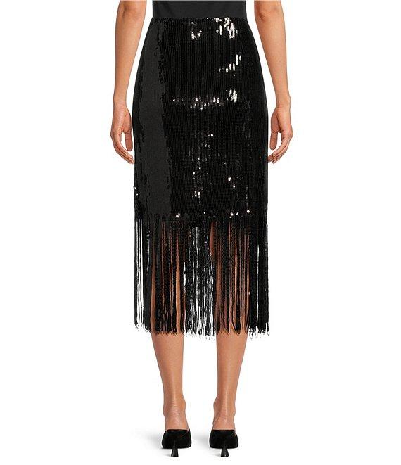 Skies Are Blue Sequin High Waist Fringe Midi Skirt Product Image