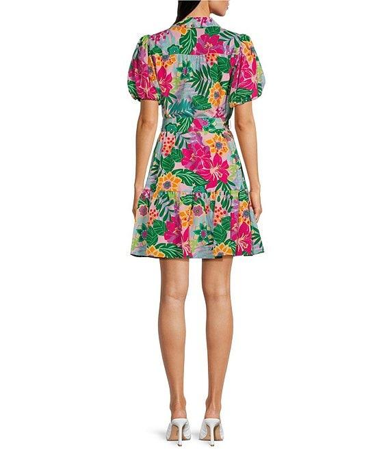 Jessica Howard Tropical Floral Short Balloon Sleeve V-Neck Collar Shirt Dress Product Image