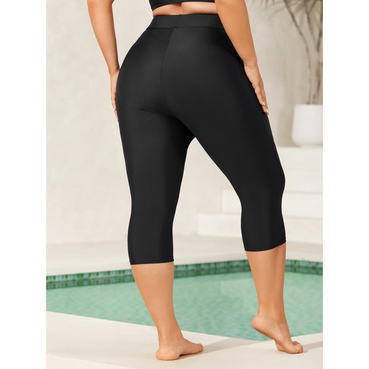 Plus Size Sheer Skinny-Fit Crop Swim Bottoms Women's Swimwear Black Beach See through High stretch Skinny Mid Rise Side seam pocket Curve Swim Bottoms BloomChic 12/L Product Image