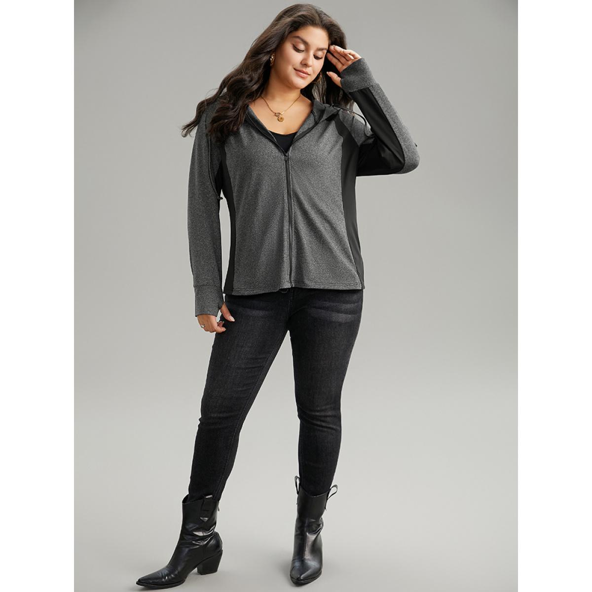 Plus Size Contrast Drawstring Zipper Hooded Jacket Women DimGray Contrast Pocket Dailywear Jackets BloomChic 30/6X Product Image