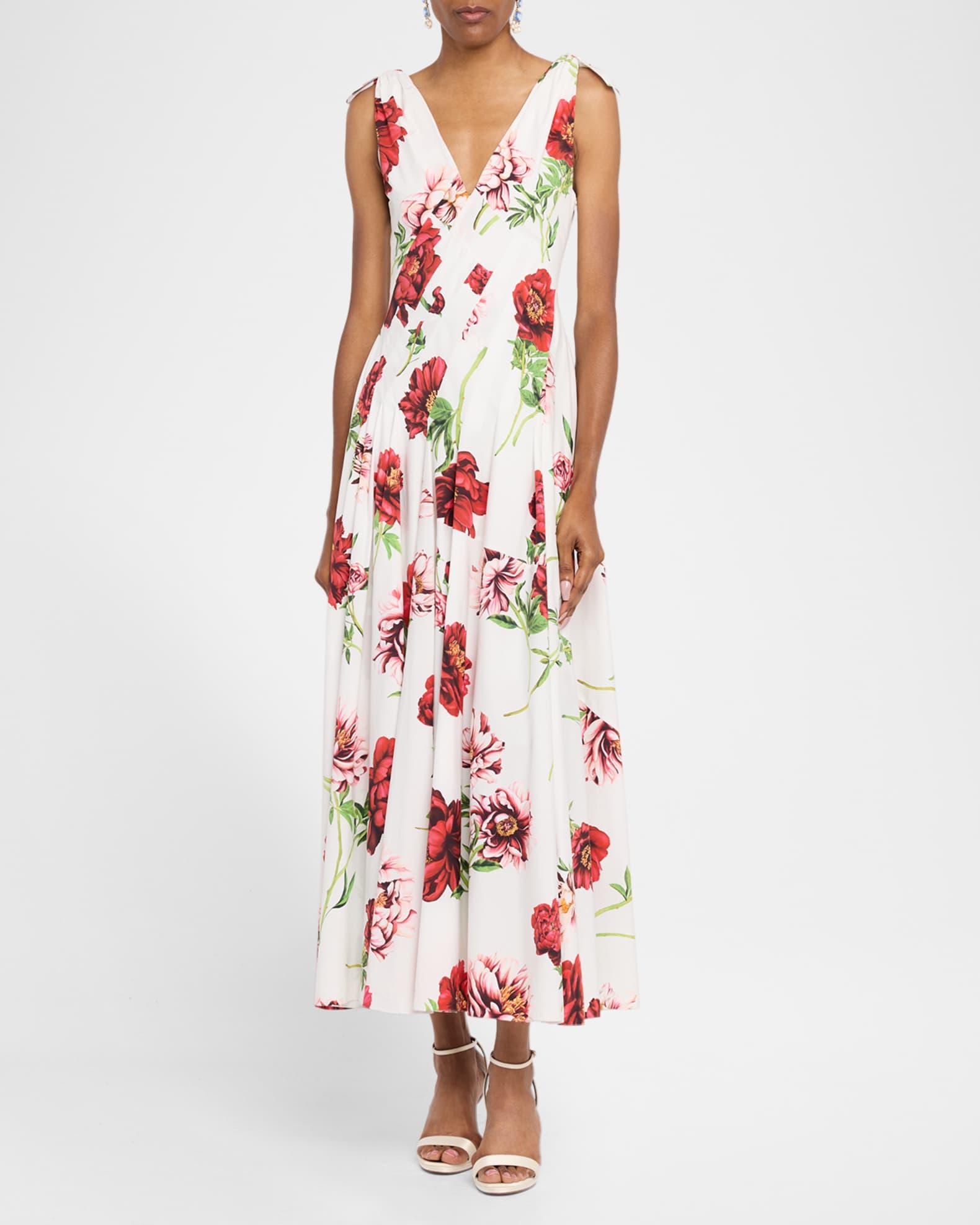 Sleeveless V-Neck Peony-Print Poplin Day Dress Product Image