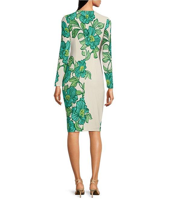 Maggy London Floral Print Stretch Matte Jersey Round Neck Long Sleeve Sheath Dress Product Image