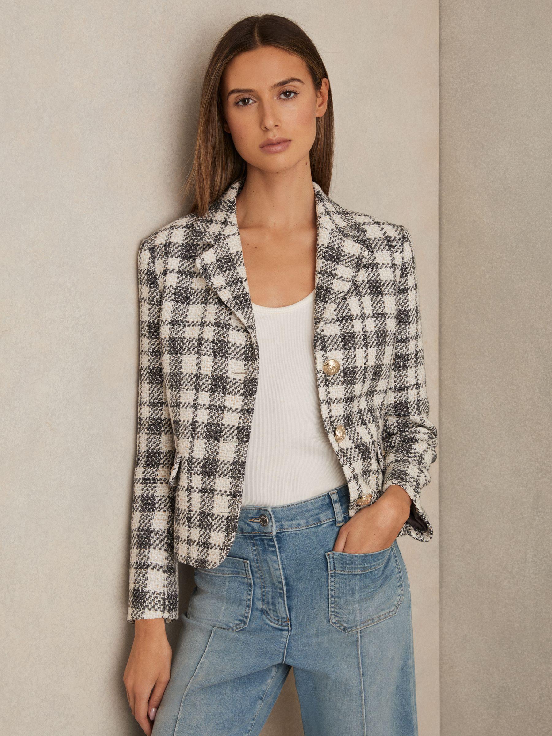 Cotton Blend Check Cropped Jacket in Grey Check Product Image