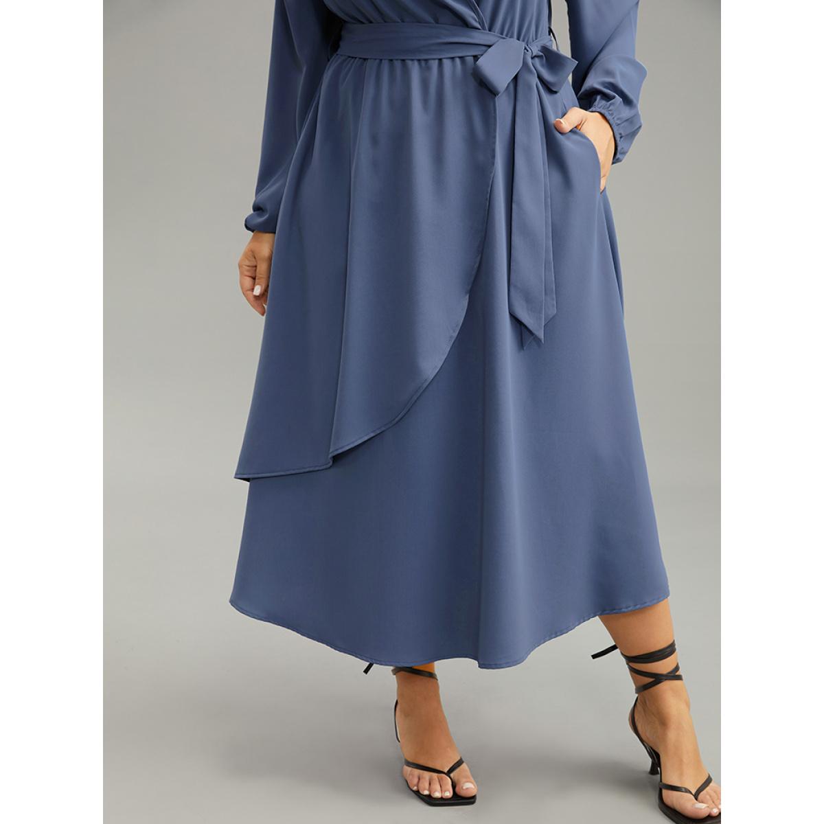 Plus Size Anti-Wrinkle Wrap Layered Belted Dress Stone Women Elegant Plain V-neck Long Sleeve Curvy Midi Dress BloomChic 10/M Product Image