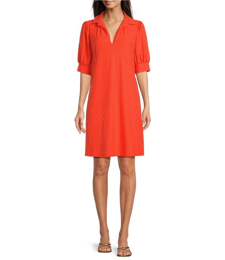 Jude Connally Emerson Jacquard Split Collar V-Neck Short Puff Sleeve Swing Dress Product Image