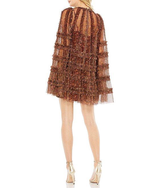 Mac Duggal Floral Print Mesh Ruffle Tier Flare Sleeve Mini Dress Product Image