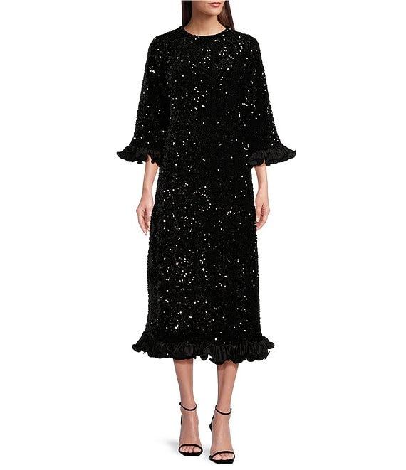 FRANCES VALENTINE Plaza Sequin Round Neck 3/4 Sleeve Satin Trim Midi Dress Product Image