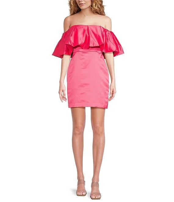 Trina Turk Nia Dutchess Satin Off-The-Shoulder Ruffle Sleeve Dress Product Image