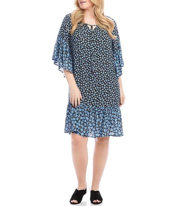 Karen Kane Plus Size Printed Split V-Neck 3/4 Bell Sleeve Contrast Ruffle Hem Shift Dress Product Image