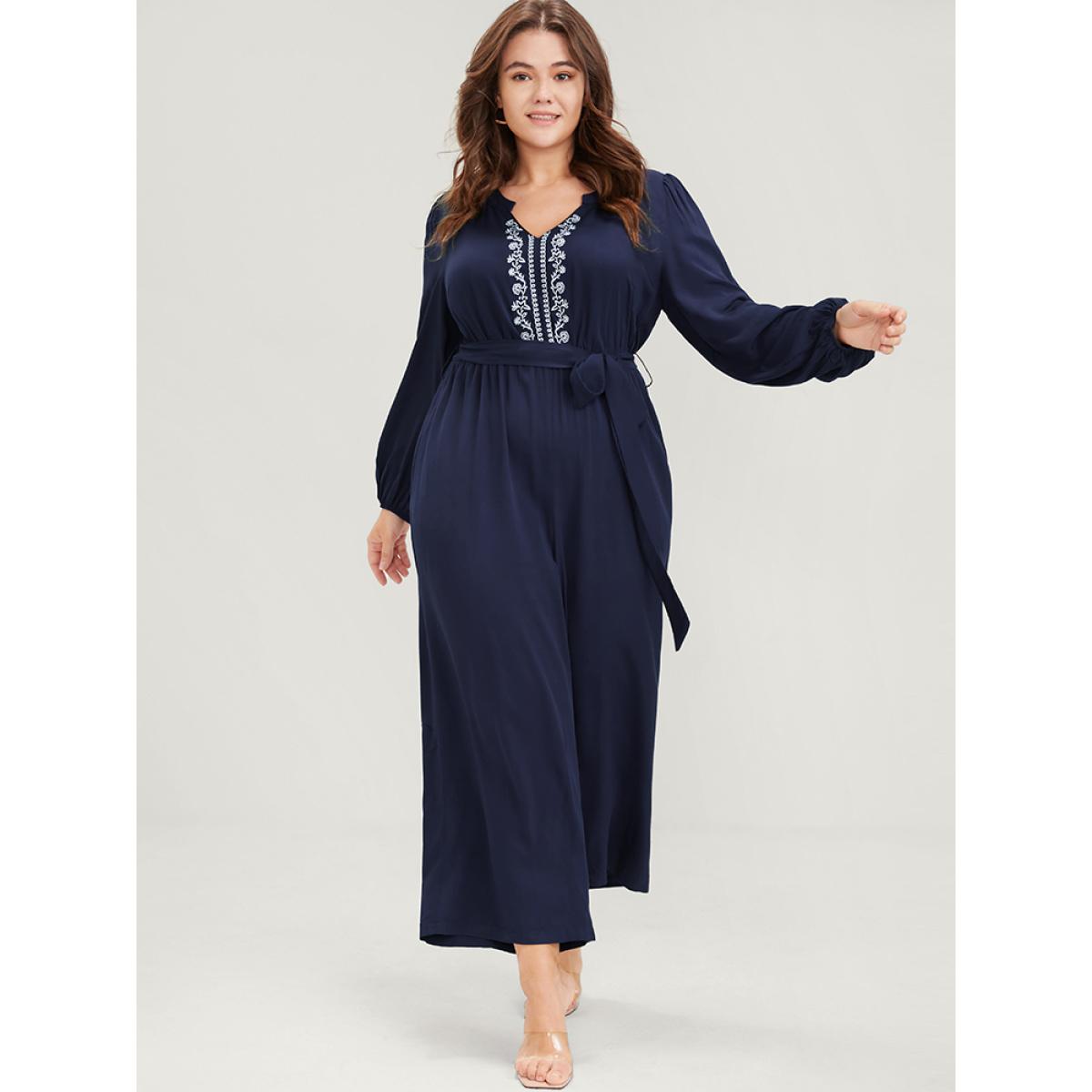 Plus Size DarkBlue Solid V Neck Lantern Sleeve Embroidered Pocket Ties Jumpsuit Women Elegant Long Sleeve V-neck Dailywear Loose Jumpsuits BloomChic 10/M Product Image