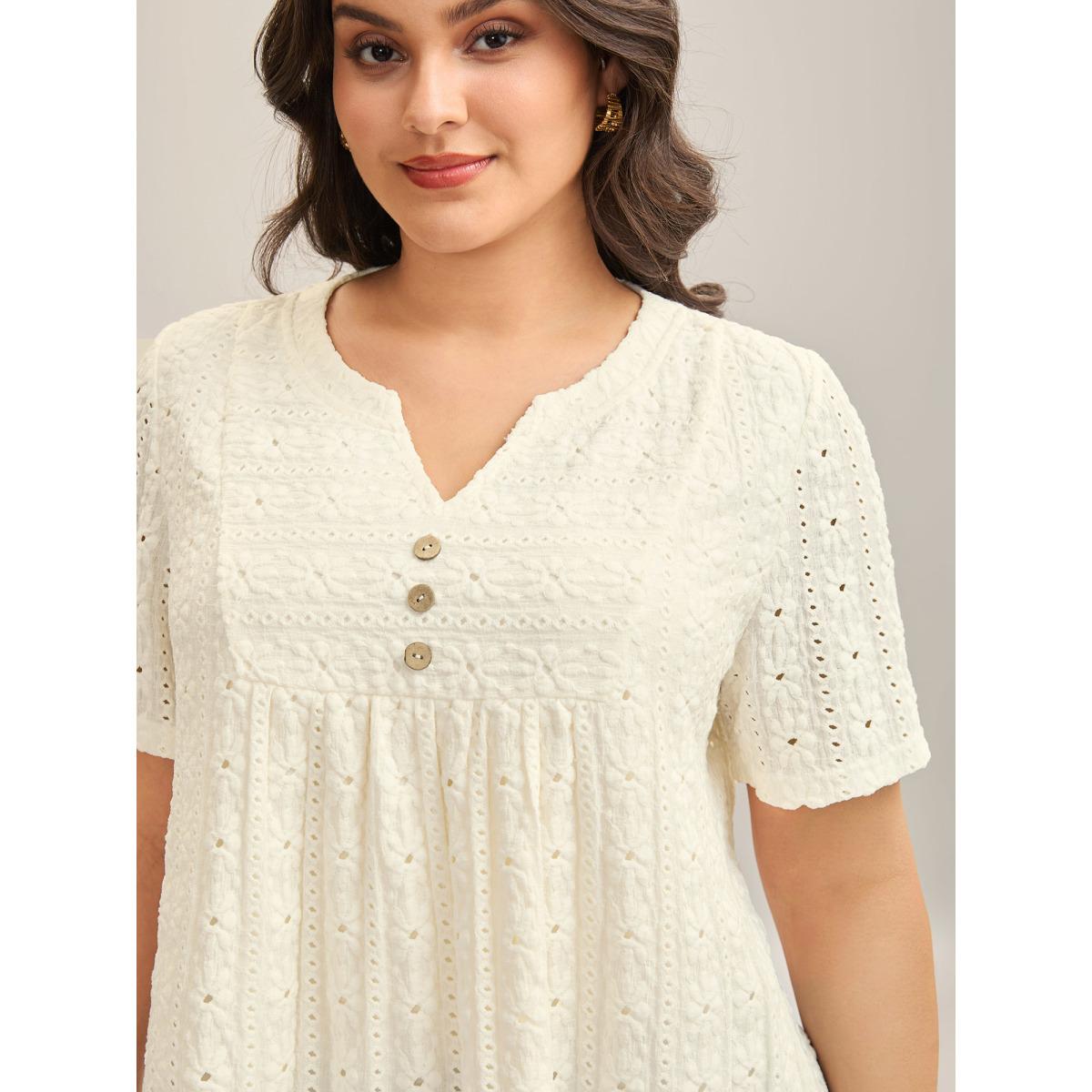 Plus Size Textured Pleated Split Neck T-Shirt WhiteSmoke Women Romantic Texture Flat collar with V-notch Elegant T-shirts BloomChic 30/6X Product Image