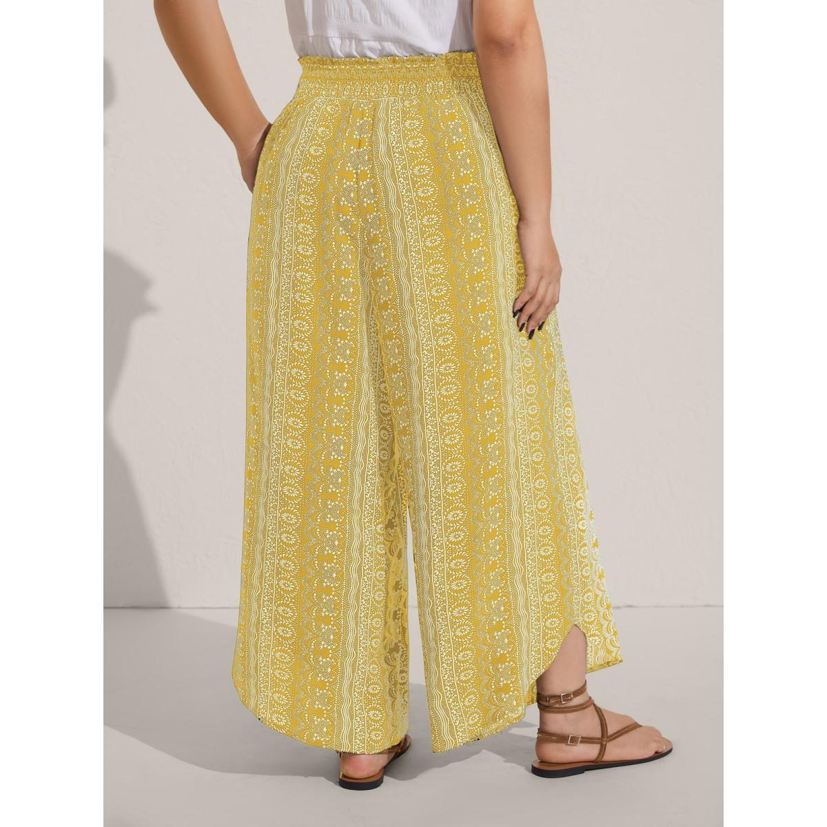 Plus Size Boho Print Shirred Waist Wide-Leg Pants Women Lemonyellow Boho Wide Leg Mid Rise Vacation Pants BloomChic 12/L Product Image