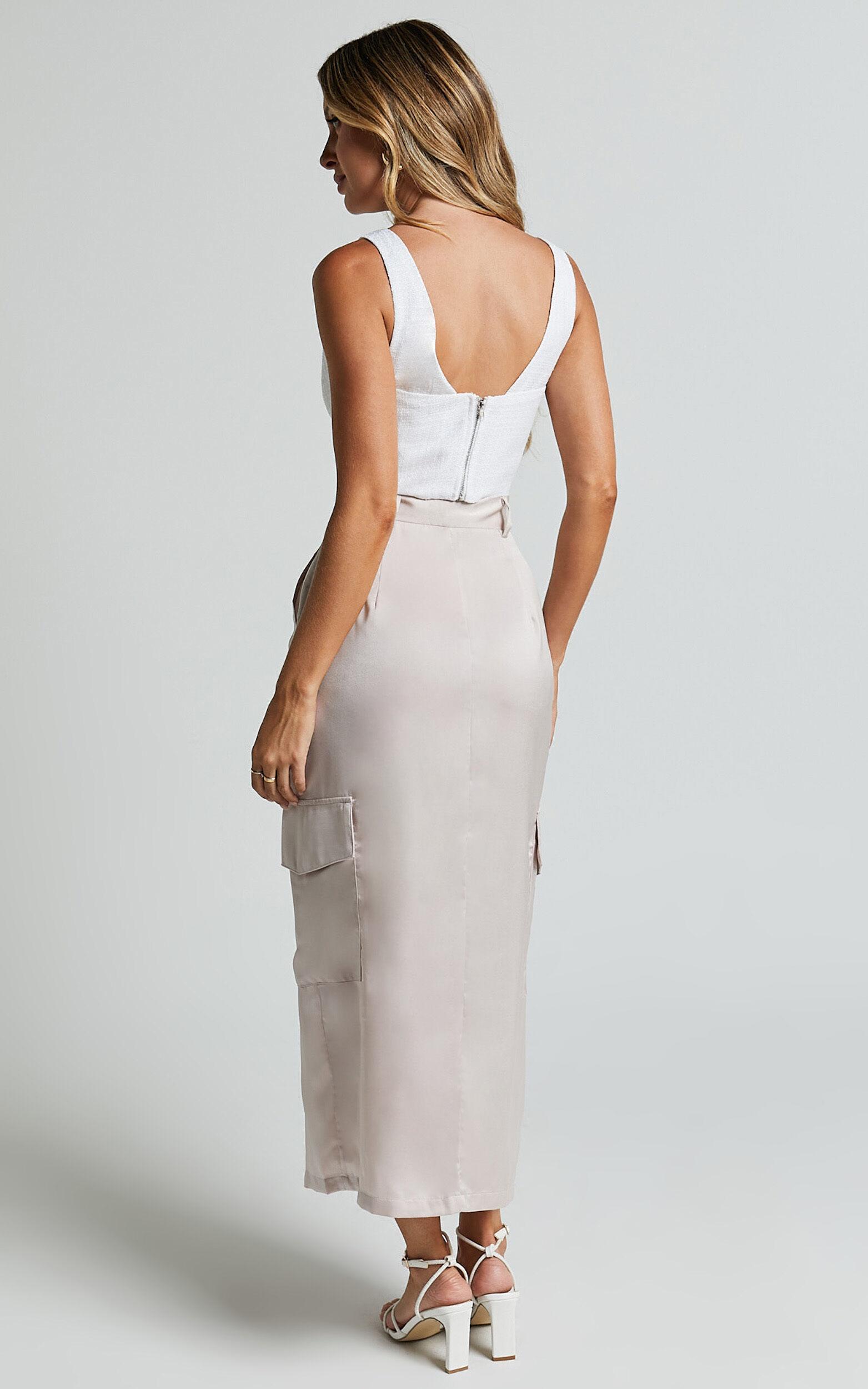 Mariya Midi Skirt - High Waisted Front Split Cargo Skirt in Pearl Product Image
