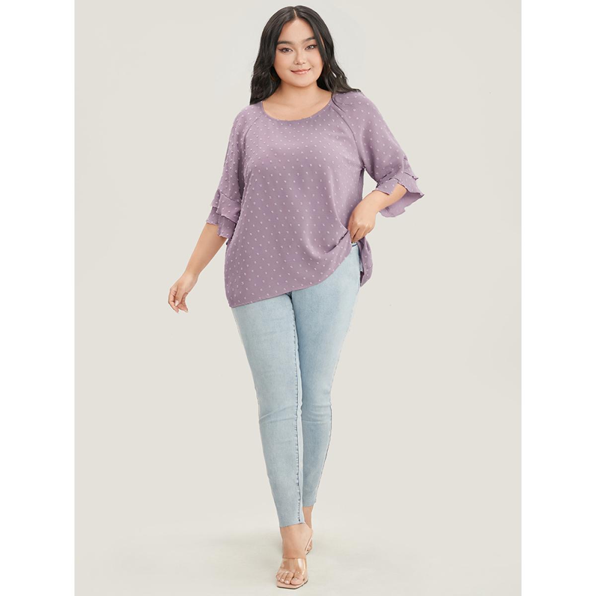 Plus Size Mauve Polka Dot Round Neck Ruffle Sleeve Blouse Women Casual Elbow-length sleeve Round Neck Dailywear Blouses BloomChic 12/L Product Image