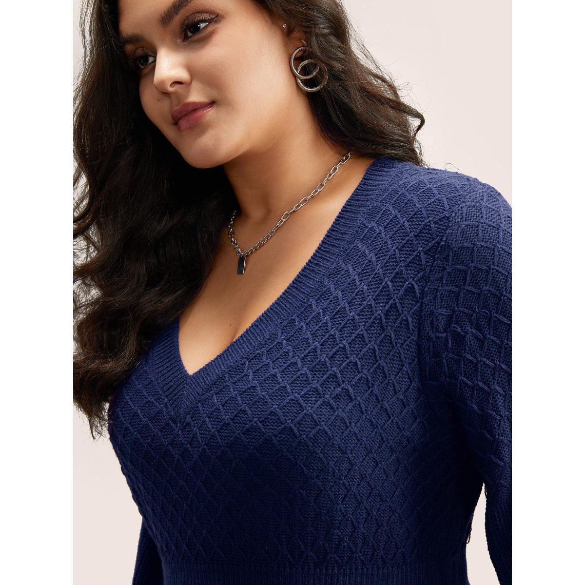 Plus Size Plain Plisse Lantern Sleeve A Line Pullover Indigo Women Elegant Long Sleeve V-neck Everyday Pullovers BloomChic 14-16/1X Product Image