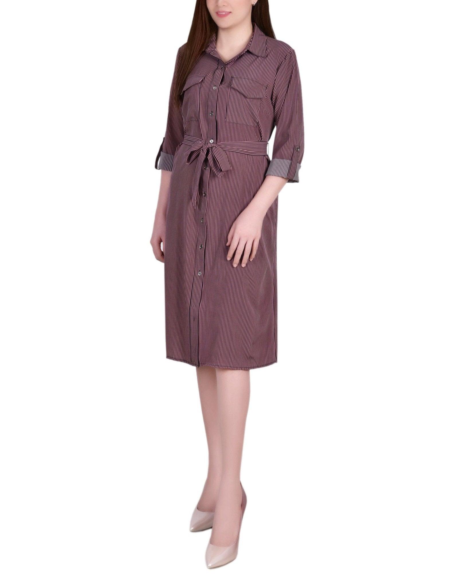 Cypress Inca Gold Navy Zigzag 3/4 Roll Tab Sleeve Belted Shirtdress - Petite Product Image