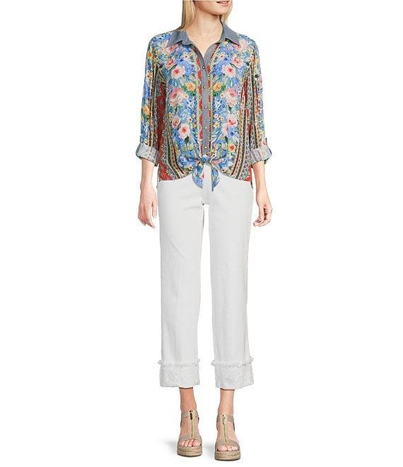 John Mark Embroidered Multi Floral Point Collar Long Roll-Tab Sleeve Tie-Front Top Product Image