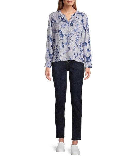 Westbound Woven Layered Splatter Long Roll-Tab Sleeve Henley Patch Pocket Top Product Image