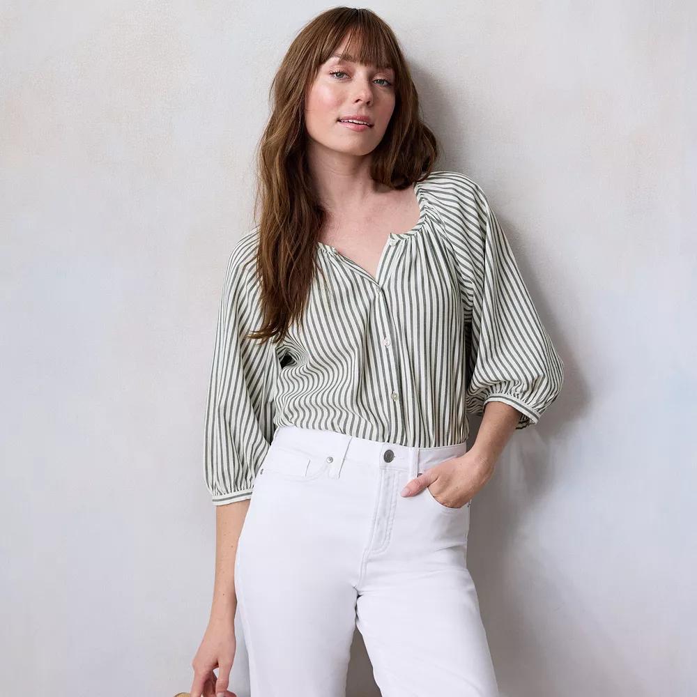 Women's LC Lauren Conrad Raglan Sleeve Button Front Top, Size: XS, Aspen Picnic Stripe Product Image