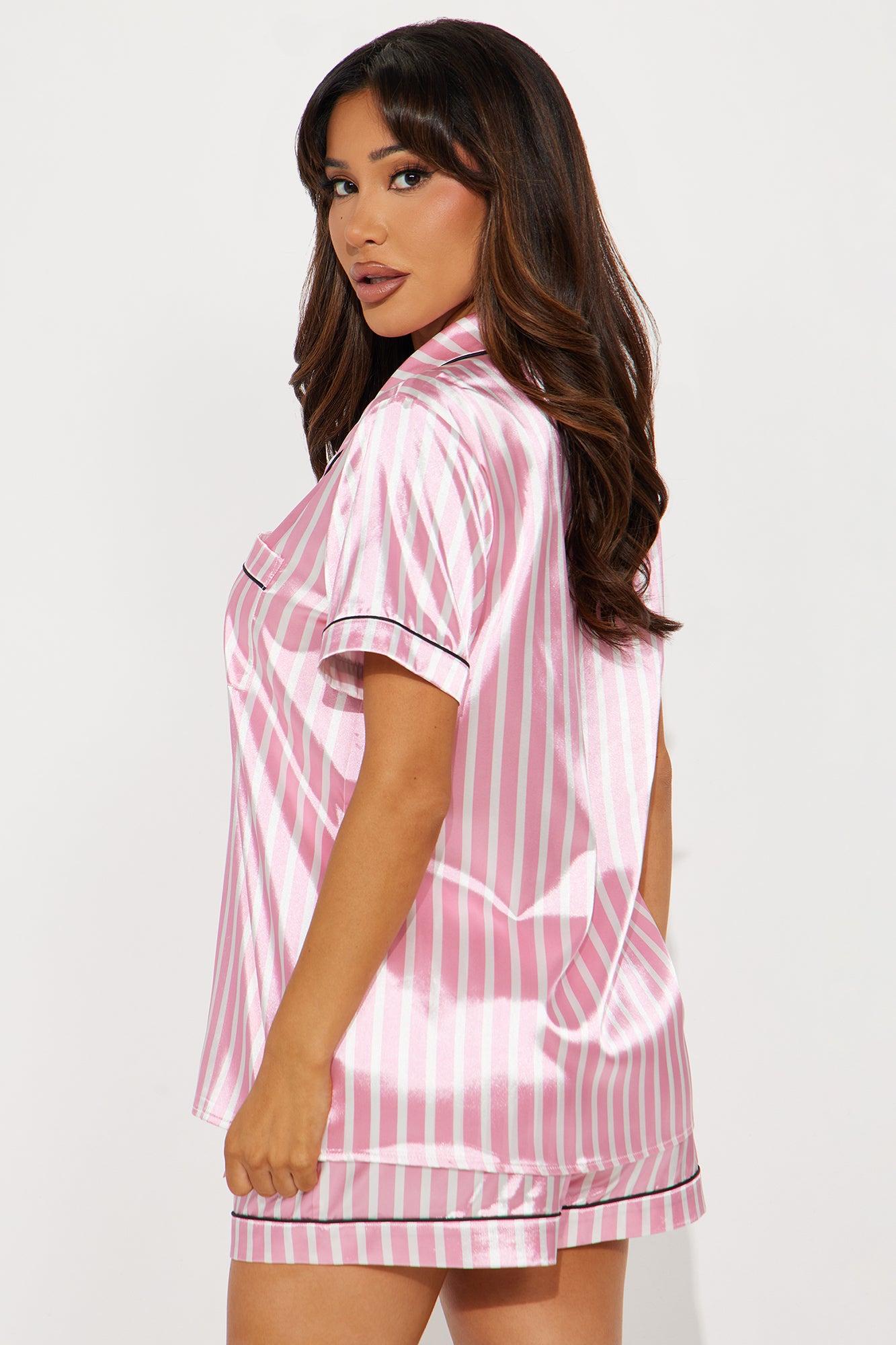 Bedtime Satin Short Sleeve PJ Short Set - White/Pink Female Product Image