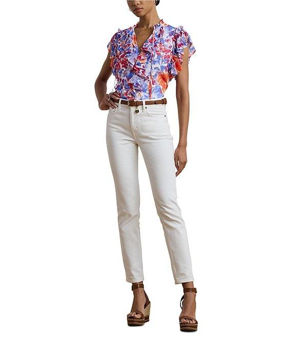 Lauren Ralph Lauren Georgette Floral Ruffle Trim V-Neck Flutter Sleeve Blouse Product Image