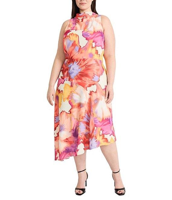 Maggy London Plus Size Cowl Neck Floral Slip Sleeveless Midi Dress Product Image