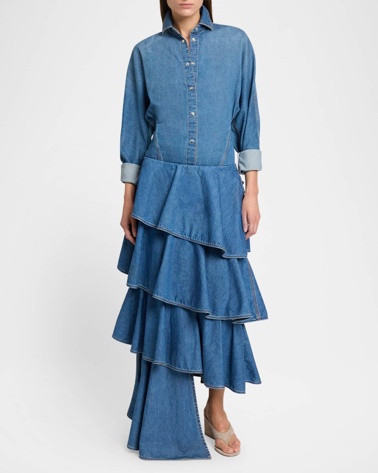 Spiral Ruffle Denim Midi Skirt Product Image