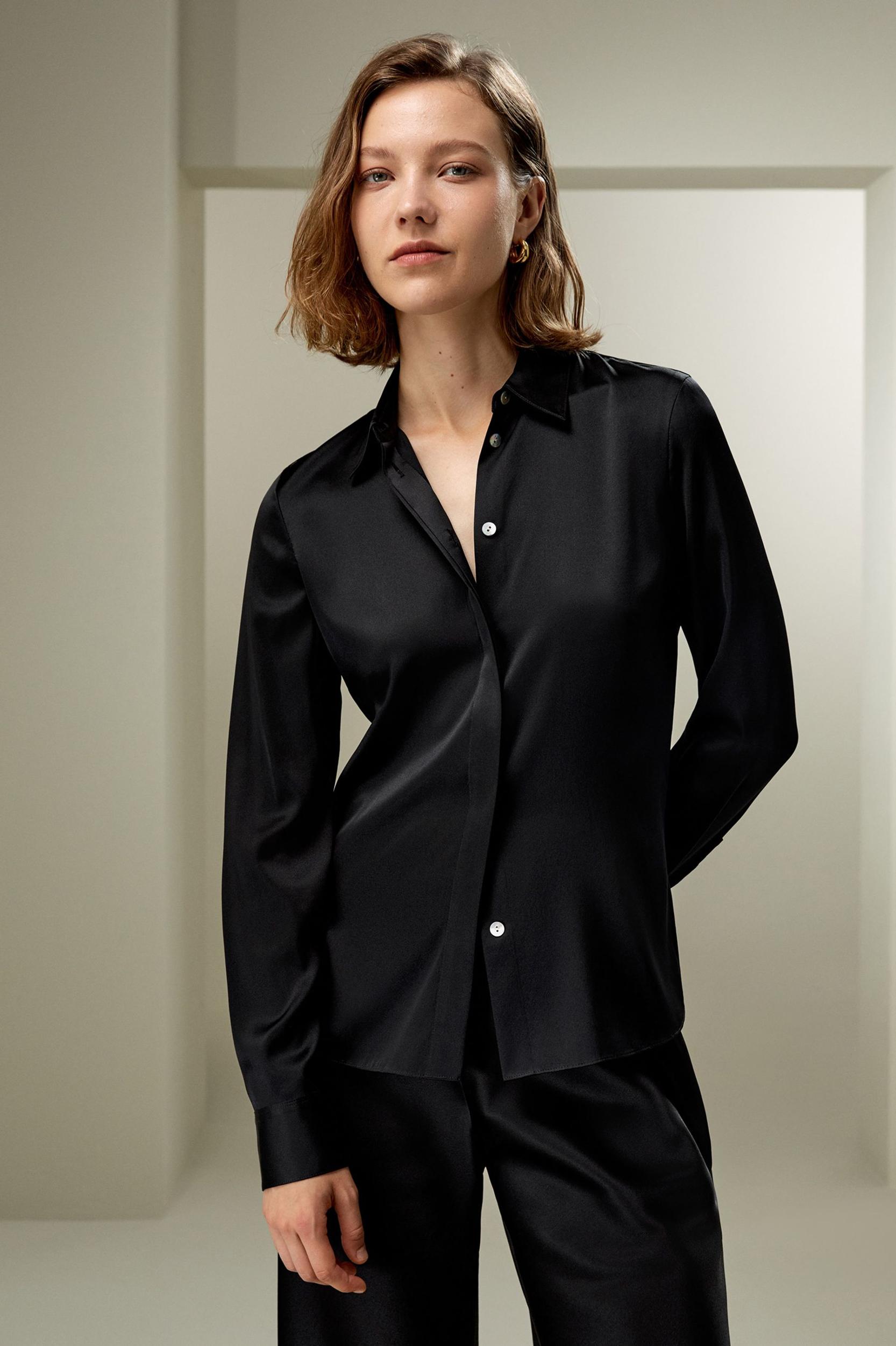 LILYSILK Silk Shirt Women - Black Natural Silk - Gorgeous Hidden Placket Tops XS Product Image