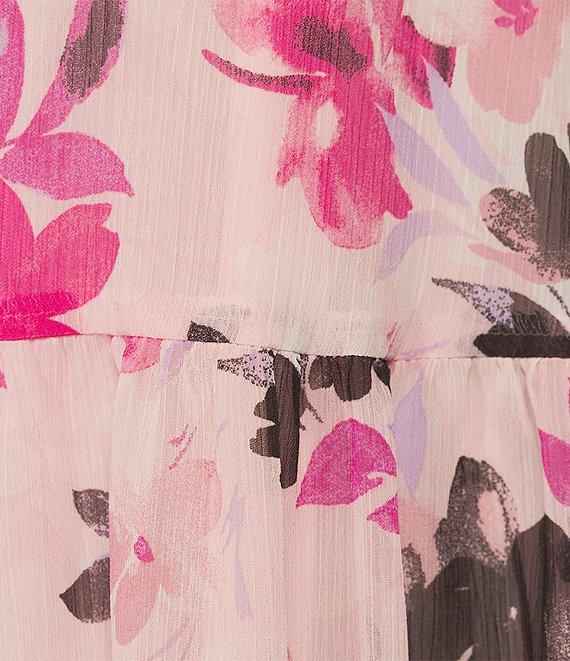 Kasper Floral Chiffon V-Neck Flutter Short Sleeve Smocked Maxi Dress Product Image