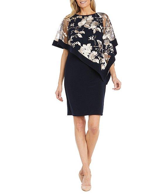 R & M Richards Short Sleeve Boat Neck Embroidered Poncho Dress Product Image